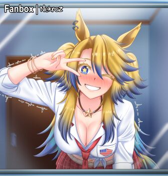 1girl absurdres animal_ears blonde_hair blue_hair blurry blurry_background breasts cleavage clenched_teeth fanbox_username grin highres horse_ears horse_girl indoors jewelry large_breasts looking_at_viewer midriff multicolored_hair navel necklace necktie nekroz7 obey_your_master_(umamusume) one_eye_closed red_necktie shirt smile solo star-shaped_pupils star_(symbol) symbol-shaped_pupils teeth trembling two-tone_hair umamusume umamusume:_cinderella_gray v white_shirt