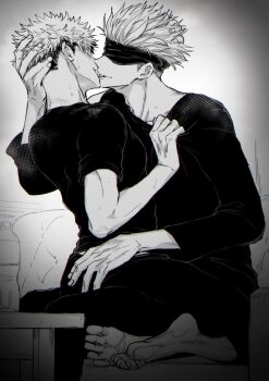 Rule 34 | 2boys, adam's apple, barefoot, blindfold, blush, clothes grab, commentary request, french kiss, full body, gojou satoru, grabbing another's shirt, hands on another's head, highres, itadori yuuji, jujutsu kaisen, kiss, male focus, multiple boys, nay bb, sitting, sitting on lap, sitting on person, soles, toes, yaoi