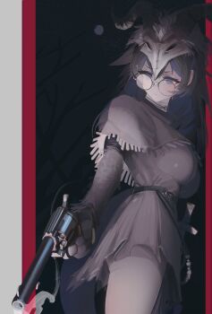 1girl absurdres aiming ass bare_legs belt blue_eyes breasts bullet capelet commentary dress english_commentary fake_horns finger_on_trigger forest full_moon fur-trimmed_headwear fur_trim gun hair_between_eyes handgun highres holding holding_gun holding_weapon horned_headwear horned_mask horns large_breasts long_sleeves mask mask_on_head moon multicolored_hair nature night original outdoors polilla revolver round_eyewear scabbard sheath smoke smoking_barrel star_(sky) sword tree two-tone_hair under_skirt weapon