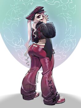 1girl ass bat_wings belt belt_buckle black_eyeliner black_shrug bonnet bow buckle commission dress eyelashes eyeliner from_behind g-string hair_over_one_eye hand_to_own_mouth highres long_dress long_hair long_sleeves looking_back makeup namnums overlord_(maruyama) pale_skin pants red_eyes red_nails red_pants shalltear_bloodfallen shoes shrug_(clothing) signature slit_pupils sneakers solo standing streetwear striped_bow thong vampire whale_tail_(clothing) white_belt white_hair wings