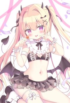 1girl absurdres azumi_kazuki bare_shoulders black_shoes black_wings blonde_hair blush bobby_socks breasts candy commentary_request demon_girl demon_horns demon_tail demon_wings food hair_between_eyes hair_intakes hair_ornament halloween highres holding holding_candy holding_food holding_lollipop horns lollipop long_hair looking_at_viewer low_wings navel original parted_lips petals pink_ribbon purple_eyes ribbon shoes small_breasts socks solo tail tongue tongue_out twintails very_long_hair white_background white_socks wings wrist_cuffs x_hair_ornament
