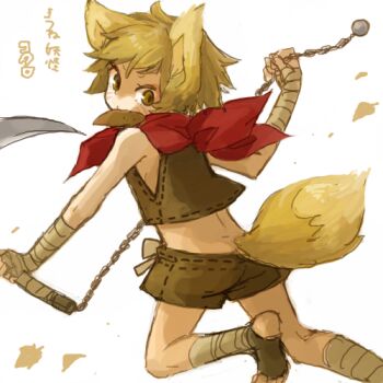 Rule 34 | 1girl, animal ears, bad id, bad pixiv id, bandages, blonde hair, brown eyes, female focus, lowres, mouth hold, pixiv fantasia, pixiv fantasia 1, scarf, scythe, short hair, shorts, solo, tail, weapon, yukke