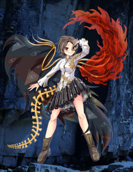 1girl blue_background blush boots breasts brown_boots brown_hair buttons collared_shirt commentary diamond_button disembodied_eye eye_of_providence fiery_wings fingernails full_body grey_skirt half_mask hand_on_mask hand_up highres iwanaga_ariya knees long_sleeves mask medium_breasts myouga_teien photo_background red_eyes shirt short_hair sideways_glance skeletal_tail skeletal_wings skirt smile solo tail touhou white_shirt wings