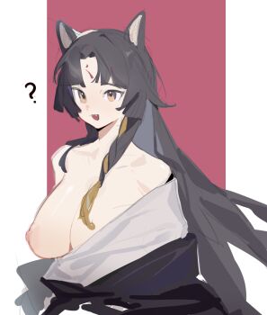 1girl ? arknights bare_shoulders black_hair black_kimono chinese_commentary commentary confused facial_mark forehead_mark highres japanese_clothes kimono long_hair looking_at_viewer nipples one_breast_out open_mouth orange_eyes red_background saga_(arknights) sketch smile solo two-tone_background white_background ydjc0604