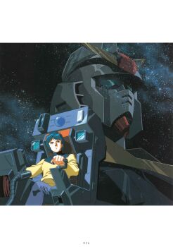 1990s_(style) 1boy absurdres aeug cockpit gundam gundam_mk_ii highres kamille_bidan kitazume_hiroyuki machinery mecha milky_way mobile_suit nebula pilot_chair retro_artstyle robot scan science_fiction space spoilers star_(sky) starry_sky_background traditional_media upper_body v-fin zeta_gundam