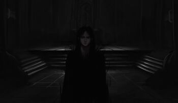 1boy absurdres bags_under_eyes black_cloak black_hair cloak cowboy_shot dim_lighting expressionless gloxartx highres indoors long_hair looking_at_viewer male_focus serious shadow_slave smoke solo stairs straight-on sunny_(shadow_slave) throne tile_floor tiles