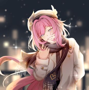 1girl alternate_costume beret blue_eyes blurry blurry_background brown_coat brown_scarf coat elysia_(honkai_impact) hat honkai_(series) honkai_impact_3rd long_hair looking_at_viewer pink_hair pointy_ears scarf smile solo very_long_hair yu_chen