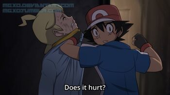 ampharos ash_ketchum baseball_cap black_hair blonde_hair blood blood_on_face blue_shirt clenched_hand clenched_hands closed_eyes deviantart_username english_text fighting_stance fingerless_gloves fullmetal_alchemist gen_2_pokemon gloves hair_between_eyes hat injury looking_at_viewer looking_to_the_side mgx0 nintendo pokemon pokemon_(anime) pokemon_xy_(anime) sad shirt short_hair short_sleeves signature surprised two-tone_shirt unusually_open_eyes white_shirt