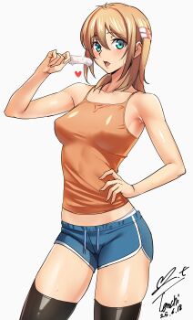 1girl absurdres aqua_eyes armpit_crease bare_arms black_thighhighs blonde_hair blue_shorts blush breasts camisole commentary_request food hair_between_eyes hand_on_own_hip highres holding holding_food holding_popsicle kamimura_chika looking_at_viewer medium_breasts melting_popsicle open_mouth orange_camisole panties panty_peek perky_breasts popsicle shorts signature simple_background sisters_~natsu_no_saigo_no_hi~ solo sweat thighhighs thighs two_side_up underwear white_background white_panties yoo_tenchi