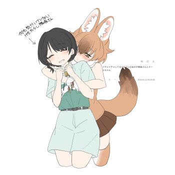 2girls animal_ears black_hair blush brown_hair brown_shirt brown_skirt brown_thighhighs captain_(kemono_friends) chicha_(chi_cha_rigbo) collared_shirt cowboy_shot dhole_(kemono_friends) dog_ears dog_girl dog_tail extra_ears fur_collar gloves gradient_thighhighs green_shirt grey_shorts hair_between_eyes highres hug hug_from_behind jacket japari_symbol kemono_friends kemono_friends_3 multicolored_hair multiple_girls orange_eyes pleated_skirt safari_jacket shirt short_hair short_sleeves shorts sidelocks skirt sleeveless smile t-shirt tail thighhighs translation_request white_fur white_gloves white_hair white_thighhighs zettai_ryouiki