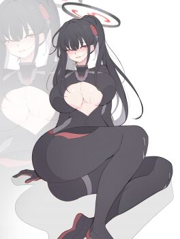 1girl :o absurdres amebrew black_bodysuit black_hair blue_archive blush bodysuit breasts commentary_request halo headgear high_ponytail highres large_breasts long_hair nose_blush ponytail red_eyes rio_(armed)_(blue_archive) rio_(blue_archive) sitting sweat very_long_hair zoom_layer