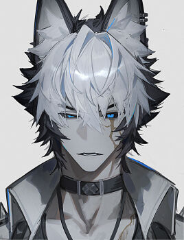 1boy animal_ear_fluff animal_ears bf2xuec6ow98466 black_hair black_sclera blue_eyes choker collarbone colored_sclera dog_boy dog_ears grey_background hair_between_eyes half-closed_eye highres jacket jewelry komano_manato komano_manato_(white_heart_silhouette) looking_at_viewer male_focus multicolored_hair multiple_scars muscular muscular_male necklace open_mouth pectorals scar scar_across_eye scar_on_chest scar_on_face short_hair solo spiked_jacket upper_body white_hair white_jacket zenless_zone_zero