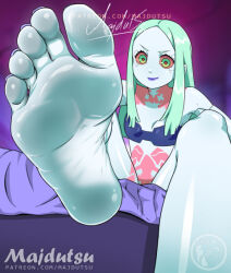 Rule 34 | 1girl, artificial eye, barefoot, bra, breasts, colored sclera, colored skin, cyberpunk (series), feet, foot focus, foreshortening, green eyes, green hair, leg tattoo, long hair, looking at viewer, majdutsu, mechanical eye, neck tattoo, purple lips, rebecca (cyberpunk), red pupils, red sclera, sitting, small breasts, smile, soles, solo, tattoo, toes, underwear
