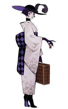 1girl 2018 black_boots black_hat black_lips black_sash boots bow bowl_cut breasts checkered_sash closed_mouth colored_skin commentary doll_joints english_commentary eyeshadow female_focus floral_print from_side full_body gloves hat hat_feather high_heel_boots high_heels highres holding holding_suitcase joints juanmao looking_at_viewer makeup obi original pink_eyes pink_eyeshadow purple_gloves purple_hair purple_sash sash short_hair simple_background small_breasts solo suitcase sun_hat turtleneck white_background white_skin wide_sleeves