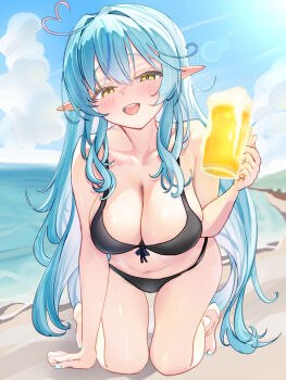 1girl ahoge alcohol beach beer beer_mug bikini black_bikini blue_hair blurry blurry_background blush breasts cleavage cup elf full_body heart heart_ahoge highres hololive kneeling large_breasts long_hair mug ocean open_mouth pointy_ears sand shiki_olie solo swimsuit virtual_youtuber water yellow_eyes yukihana_lamy