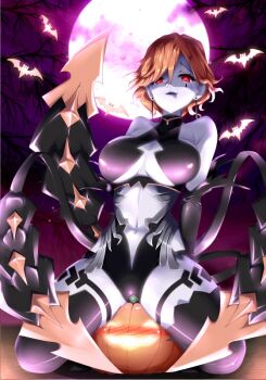 1girl blush breasts cleavage colored_skin curvy earrings female_focus fingerless_gloves fire_emblem fire_emblem:_three_houses gloves halloween hand_on_own_hip jewelry knife kronya_(fire_emblem) large_breasts looking_at_viewer navel nintendo orange_hair pumpkin red_eyes revealing_clothes short_hair sitting sitting_on_object solo thick_thighs thighhighs thighs white_skin wide_hips yanmarson