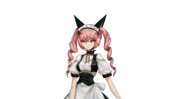 1girl akiha_rumiho animal_ear_hairband animal_ears apron back_bow belt_around_waist belt_buckle bow breasts buckle buttons cat_ears closed_mouth collar dress drill_hair fake_animal_ears frilled_collar frilled_dress frilled_hairband frills game_cg hair_between_eyes hairband highres huke long_hair looking_at_viewer maid maid_apron maid_headdress mayqueen_maid_uniform non-web_source official_art pink_hair pink_lips puffy_short_sleeves puffy_sleeves red_ribbon ribbon ribbon-trimmed_collar ribbon-trimmed_corset ribbon-trimmed_hairband ribbon-trimmed_sleeves ribbon_trim ringed_eyes science_adventure short_sleeves small_breasts solo sprite square_pupils steins;gate tsurime twin_drills twintails white_apron white_bow white_dress worried