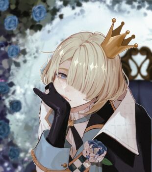 1boy black_gloves blonde_hair blue_eyes blue_flower blue_rose closed_mouth crown flower freckles freminet_(genshin_impact) genshin_impact gloves hair_over_one_eye hat highres long_sleeves looking_at_viewer male_focus mini_crown pers_thepenguin rose short_hair white_flower white_rose