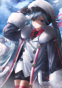 Rule 34 | 1girl, amaama (beccyonaika1), aqua hair, black coat, black gloves, black necktie, black shorts, blush, coat, collared shirt, commentary request, fur-trimmed coat, fur-trimmed sleeves, fur trim, gloves, gradient hair, grey eyes, hair between eyes, hair ornament, hair ribbon, hat, hatsune miku, highres, jacket, long hair, long sleeves, looking at viewer, multicolored hair, necktie, official alternate costume, official alternate hairstyle, red hair, red ribbon, red shirt, ribbon, sailor hat, shirt, short shorts, shorts, smile, snowflake print, snowflakes, solo, striped clothes, striped thighhighs, thighhighs, thighs, twintails, very long hair, vocaloid, white hair, white jacket, yuki miku, yuki miku (2022)