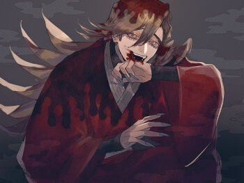 Rule 34 | 1boy, blonde hair, blood, blood from mouth, chinese commentary, commentary request, douma (kimetsu no yaiba), hair between eyes, highres, japanese clothes, kimetsu no yaiba, long hair, looking at viewer, male focus, ou syoku7, patterned hair, red shirt, shirt, smile, solo, teeth