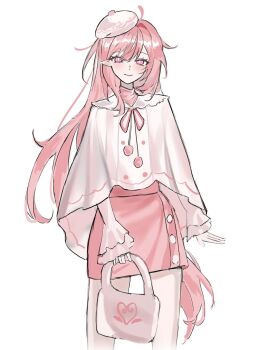 1girl alternate_costume bag beret elysia_(hi_love_elf)_(honkai_impact) elysia_(honkai_impact) handbag hat highres holding holding_bag honkai_(series) honkai_impact_3rd long_hair looking_at_viewer pink_hair pink_skirt pointy_ears shirt simple_background skirt smile solo ssamsa0404 thighs very_long_hair white_background white_shirt
