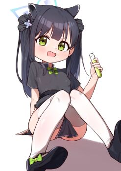 1girl animal_ears beaker black_dress black_hair blue_archive blue_halo bow bow_shoes bowtie breasts dress green_bow green_bowtie green_eyes green_liquid halo highres led_winter liquid open_mouth shadow shoes shun_(blue_archive) shun_(small)_(blue_archive) small_breasts solo thighhighs white_background white_thighhighs