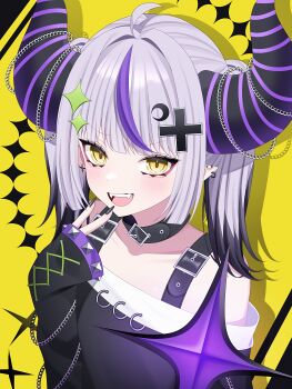 1girl absurdres alternate_costume black_collar black_hair black_nails black_shirt collar crescent crescent_hair_ornament cross_hair_ornament demon_girl demon_horns ear_piercing grey_hair hair_ornament highres hololive horns la+_darknesss looking_at_viewer multicolored_hair nail_polish open_mouth piercing pointy_ears purple_hair shirt smile solo streaked_hair virtual_youtuber wanko_(yurika0320) yellow_eyes