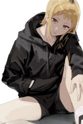 Rule 34 | 1girl, black hair, black hoodie, black shorts, black sweater, blonde hair, chainsaw man, commentary request, head tilt, highres, hood, hooded sweater, hoodie, ikanyoikanikan, multicolored hair, roots (hair), sawatari akane (chainsaw man), shoes, short shorts, shorts, sitting, sneakers, solo, spread legs, sweater, two-tone hair
