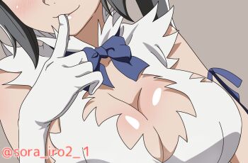 Rule 34 | 1girl, black hair, blue ribbon, blush, breast focus, breasts, cleavage, cleavage cutout, clothing cutout, dress, dungeon ni deai wo motomeru no wa machigatteiru darou ka, elbow gloves, finger to mouth, gloves, grey background, head out of frame, hestia (danmachi), highres, index finger raised, large breasts, long hair, neck ribbon, ribbon, simple background, sleeveless, sleeveless dress, solo, sora nyan, twitter username, white dress, white gloves