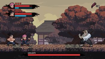 1other 2boys animated animated_gif architecture black_hair black_jacket black_pants brown_footwear clenched_hand cloud colored_skin commentary dry_grass east_asian_architecture english_commentary fake_screenshot fighting_stance grass grey_skin grin hanami_(jujutsu_kaisen) heads-up_display heart highres horns itadori_yuuji jacket jujutsu_kaisen jujutsu_tech_uniform kojiroart long_sleeves multiple_boys outdoors own_hands_together pants pink_hair shoes short_hair sky smile teeth topless_male toudou_aoi_(jujutsu_kaisen) tree undercut user_interface yellow_sky