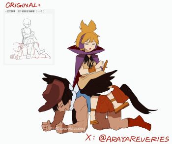 2girls bandana bandana_around_neck black_wings blonde_hair blue_shirt boots bracelet brown_hat cape chinese_text closed_eyes commentary cowboy_hat crossed_arms dress earmuffs english_commentary facing_viewer hat highres iwakoo jewelry kurokoma_saki multiple_girls muscular muscular_female open_mouth orange_skirt photo-referenced planking pointy_hair purple_cape red_boots shirt shoes sitting sitting_on_person skirt smile tan touhou toyosatomimi_no_miko translation_request twitter_username white_bandana wings yellow_dress yellow_shoes