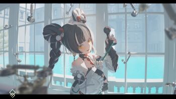 1girl absurdres antique_phone artist_logo bare_shoulders black_hair blurry blurry_foreground braid braided_twintails china_dress chinese_clothes collarbone commentary corded_phone detached_sleeves dialyn_(zenless_zone_zero) double_bun dress earrings english_commentary from_side hair_bun hair_ornament hairclip highres holding holding_phone indoors jewelry letterboxed logo long_hair looking_at_viewer multicolored_hair necktie open_mouth panda_hair_ornament phone qurami red_nails solo sparkling_eyes split-color_hair upper_body white_dress white_hair window wire yellow_eyes yellow_necktie zenless_zone_zero