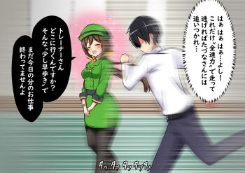 1boy 1girl black_hair black_pantyhose bowler_hat brown_hair closed_eyes faceless faceless_male floating_hair formal_clothes from_side green_hat green_jacket hair_between_eyes hat hayakawa_tazuna indoors jacket king_kouta long_hair long_sleeves motion_blur motion_lines necktie open_mouth own_hands_together pants pantyhose partially_shaded_face running shirt short_hair skirt skirt_suit smile sparkle speed_lines suit trainer_(umamusume) translation_request umamusume