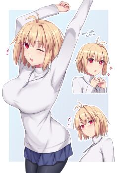 1girl ahoge antenna_hair arcueid_brunestud arm_up blonde_hair blush breasts highres large_breasts long_sleeves looking_at_viewer one_eye_closed open_mouth pantyhose pout red_eyes short_hair smile solo soukitsu sweater tsukihime tsukihime_(remake) turtleneck white_sweater