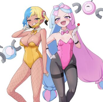 2girls alternate_costume canari_(pokemon) dark-skinned_female dark_skin highres iono_(pokemon) kai-too leotard multiple_girls pokemon pokemon_legends:_z-a pokemon_sv