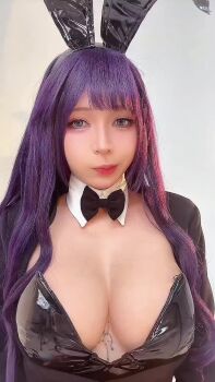 1girl animated arm_tattoo black_leotard breasts cosplay female_focus fishnets highres izayoi_arisa izayoi_arisa_(cosplay) kitagawa_marin kitagawa_marin_(cosplay) leotard looking_at_viewer medium_breasts pasties playboy_bunny purple_hair rabbit_ears rabbit_tail real_life solo sono_bisque_doll_wa_koi_wo_suru tape tape_on_nipples tattoo umekojcosplayer video vietnamese