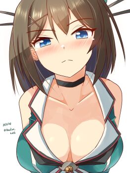 1girl beret blue_eyes blush breasts brown_hair cleavage dated hair_ornament hairclip hat headgear highres kantai_collection large_breasts looking_at_viewer maya_(kancolle) maya_kai_ni_(kancolle) midriff sawatani_(chevalier_04056) school_uniform short_hair sleeveless solo twitter_username upper_body x_hair_ornament