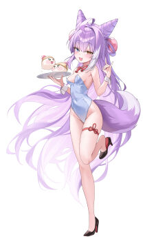 1girl absurdres bare_shoulders black_shoes blue_eyes breasts commentary_request cone_hair_bun covered_navel detached_collar fang full_body hair_bun hand_up heterochromia high_heels highleg highleg_leotard highres holding holding_tray korean_commentary leg_up leotard long_hair looking_at_viewer medium_breasts muru_(muru_zi) nontraditional_playboy_bunny open_mouth purple_hair shoes simple_background skindentation smile solo standing standing_on_one_leg stellive strapless strapless_leotard tenko_shibuki thigh_strap thighs tray very_long_hair virtual_youtuber white_background white_leotard wrist_cuffs yellow_eyes