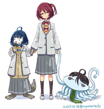 Rule 34 | 1boy, 2girls, ahoge, black socks, blue bow, bow, bowtie, dated, eating, food, green necktie, grey skirt, hair bobbles, hair ornament, hand up, highres, holding hands, komari chika, make heroine ga oo sugiru!, multiple girls, necktie, nukumizu kazuhiko, onigiri, otter, red bow, red bowtie, school uniform, short hair, simple background, skirt, socks, solo, sweater vest, tentacles, toyosora, tsuwabuki high school uniform, white background, yanami anna, yellow bow, yellow bowtie, yellow eyes