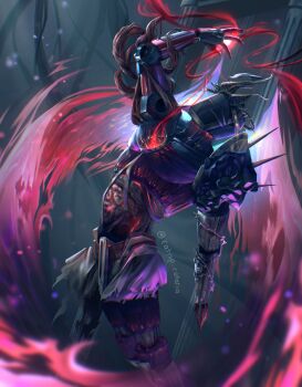 1other alternate_costume armor building catnip_cataria column crown dark faceless feet_out_of_frame gabriel_(ultrakill) hand_up highres hole_in_chest hole_on_body horror_(theme) intestines leaning_back light_particles night organs pillar pink_wings robot severed_hand shoulder_armor shoulder_spikes solo spikes standing tentacles twisted_torso ultrakill wings