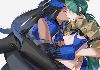 2girls between_legs black_coat black_hair black_pants blue_eyes blue_gloves blush breasts brown_shirt chinese_commentary closed_eyes clothes_lift coat collared_shirt commentary_request dark-skinned_female dark_skin geeta_(pokemon) gloves grabbing_another&#039;s_breast green_hair groping highres kiss long_hair long_sleeves multiple_girls nanaasuzy nintendo pants pokemon pokemon_sv ponytail rika_(pokemon) shirt shirt_lift simple_background sleeveless sleeveless_shirt small_breasts white_background yuri