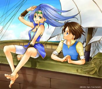 1boy 1girl 2001 aqua_eyes artist_name bad_id bare_legs bare_shoulders barefoot bartz_klauser between_legs blue_eyes blue_hair blue_sky boat breasts brown_hair cleavage cloud commentary_request dated day faris_scherwiz final_fantasy final_fantasy_v floating_hair green_headband hand_between_legs headband long_hair looking_at_another lowres medium_breasts outdoors saikachi_(ogre_tree) sailboat shading_eyes shadow short_hair shorts sitting sky smile watercraft white_shorts