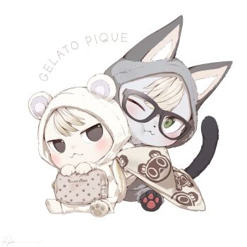 2boys :3 animal_crossing animal_ears animal_hood bag black_fur blonde_hair blush cat_boy cat_ears cat_tail chibi english_text furry furry_male glasses green_eyes grey_fur holding holding_bag hood hood_up hug hug_from_behind looking_at_viewer male_focus marshal_(animal_crossing) multiple_boys nintendo one_eye_closed onesie pawpads puffy_cheeks raymond_(animal_crossing) ryota_(ry_o_ta) sitting squirrel_boy squirrel_ears squirrel_tail tail timmy_(animal_crossing) tommy_(animal_crossing) white_fur