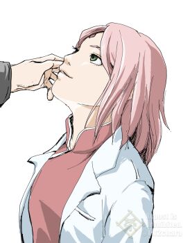 Rule 34 | 1boy, 1girl, boruto: naruto next generations, chara no7, coat, commentary request, facial mark, forehead mark, green eyes, haruno sakura, highres, lab coat, looking up, medium hair, naruto (series), pink hair, profile, twitter username, uchiha sasuke, upper body, watermark, white coat