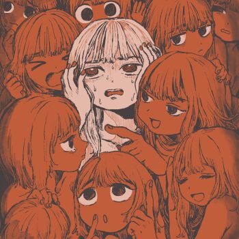 Rule 34 | > <, 6+girls, clone, closed eyes, closed mouth, commentary request, confused, cuddling, ebiebi, expressionless, frown, furrowed brow, hand on another's head, hand on own chin, hands on own cheeks, hands on own face, happy, highres, jitome, long hair, looking at viewer, looking up, monochrome, multiple girls, nail polish, nervous sweating, nude, open mouth, orange theme, original, pointing, pointing at another, pointing up, ringed eyes, sad, smile, smug, stroking own chin, surrounded, sweat, tearing up, turn pale, upper body, wide-eyed