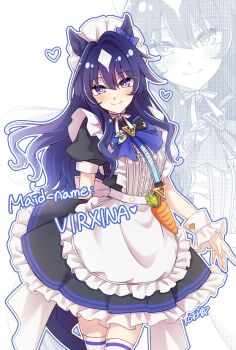 Rule 34 | 1girl, animal ears, apron, black dress, blue bow, blue hair, blush, bow, breasts, carrot, closed mouth, dress, ear bow, hair between eyes, highres, horse ears, horse girl, horse tail, kotorimyuu, long hair, looking at viewer, maid, maid apron, mole, mole under eye, multicolored hair, puffy short sleeves, puffy sleeves, purple eyes, short sleeves, smile, solo, tail, thighhighs, umamusume, verxina (umamusume), white apron, white headdress, white thighhighs, white wrist cuffs, wrist cuffs, zoom layer