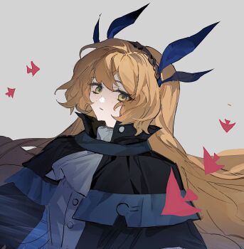 Rule 34 | 1girl, arknights, ascot, black capelet, blue ribbon, bochishiraita, brown hairband, capelet, fish, green eyes, hair ribbon, hairband, highres, ishmael (project moon), limbus company, long hair, looking at viewer, orange hair, project moon, ribbon, shirt, sidelocks, simple background, solo, tidal elegy (e.g.o), very long hair, white ascot, white background, white shirt