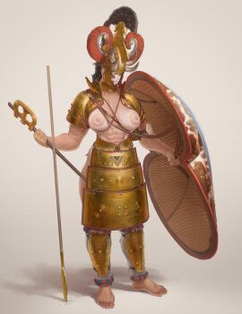 1girl abs absurdres armor barefoot breasts full_body gold_armor grey_background helmet highres holding holding_shield large_breasts navel nipples original pauldrons planted planted_polearm polearm shadow shield shin_guards shoulder_armor solo spear standing wass_nonnam weapon