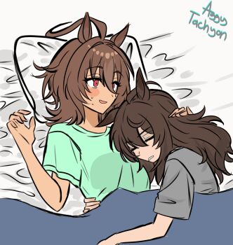aggytachyon agnes_tachyon_(umamusume) brown_hair commentary english_commentary highres horse_girl messy_hair nakayama_festa_(umamusume) on_bed sleeping umamusume yuri