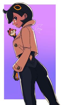 1girl black_bodysuit black_hair bodysuit bodysuit_under_clothes border brown_jacket closed_mouth collared_jacket commentary emma_(pokemon) gloves hair_ornament hand_up highres holding holding_poke_ball jacket long_sleeves looking_back meru_merume603 nintendo outside_border poke_ball poke_ball_(basic) pokemon pokemon_legends:_z-a purple_background short_hair signature smile solo white_border